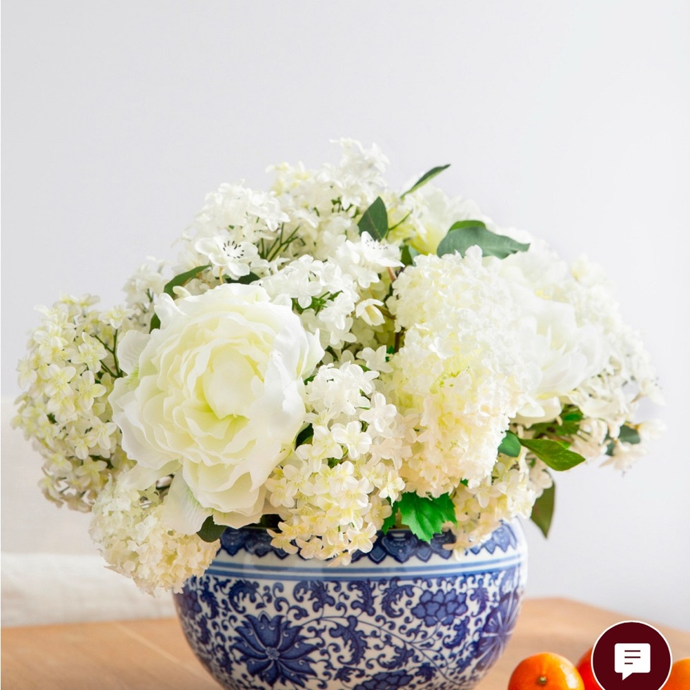 Balsam Hill Elegant White Floral Arrangement in Blue Ceramic Vase